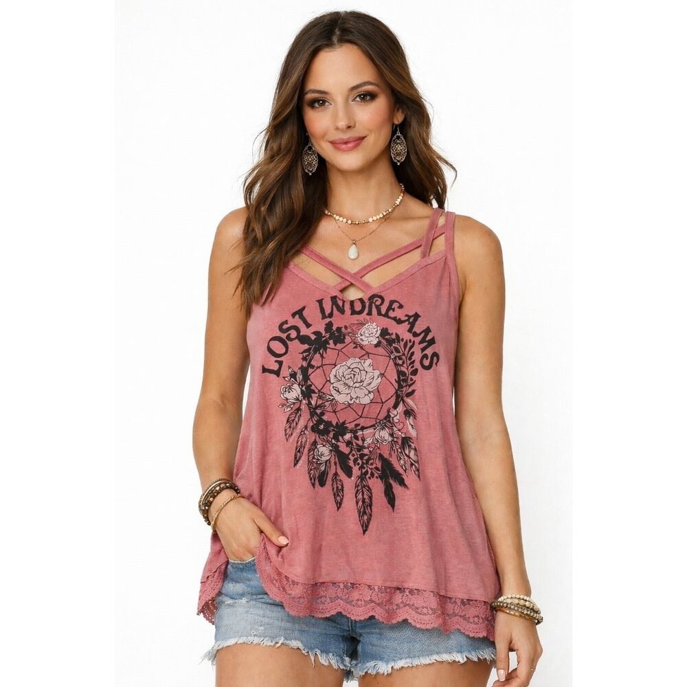 New  Wonder Up Pink Lost In Dreams Dreamcatcher Tank Top Lace Hem XL 15 17 Boho
